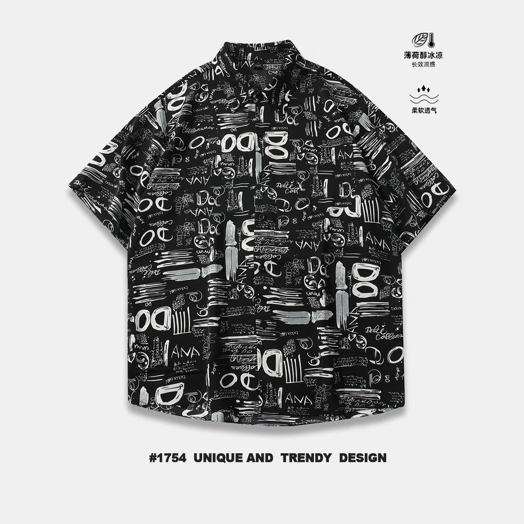 夏季薄款速干涂鸦短袖花衬衫男款宽松沙滩海边情侣款衬衫男短袖