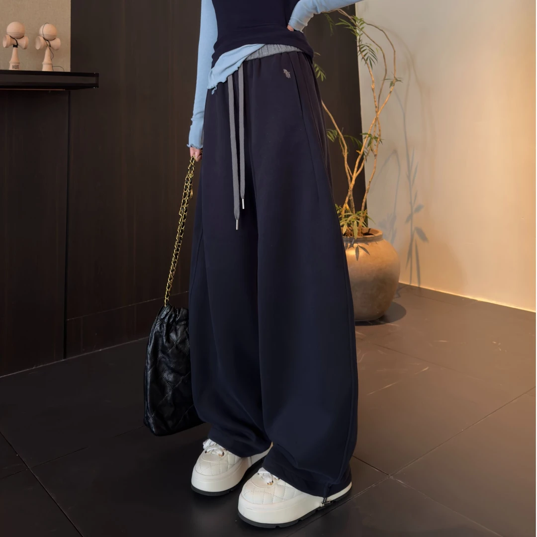 （加长款 ）刺绣小标拼色高腰显瘦弯刀阔腿休闲长裤女秋季新款5222