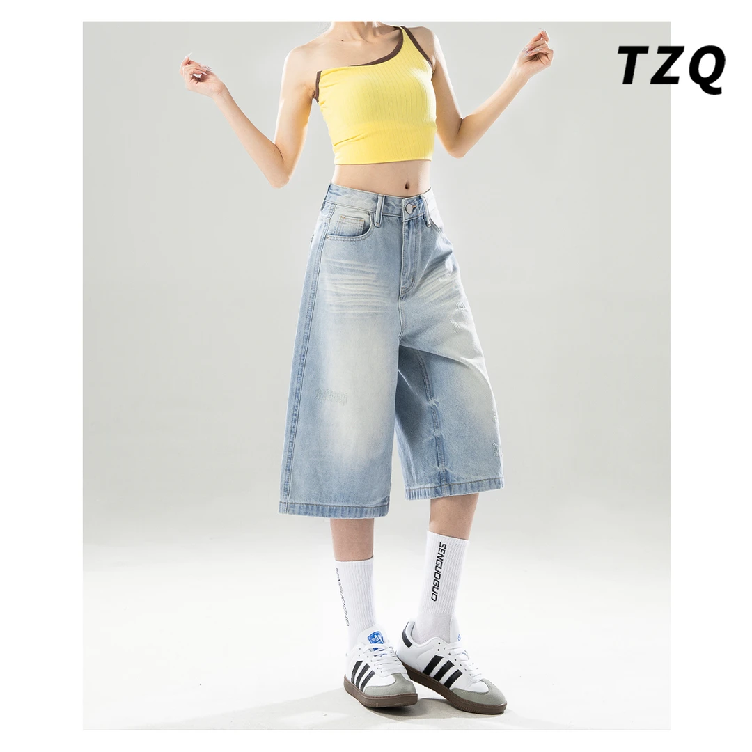 美式复古水洗高腰宽松阔腿裤女百搭磨破破洞直筒牛仔裤TZQ2530457