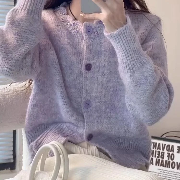 韩系温柔减龄紫色宽松软糯针织开衫毛衣早春季新款休闲撞色上衣女