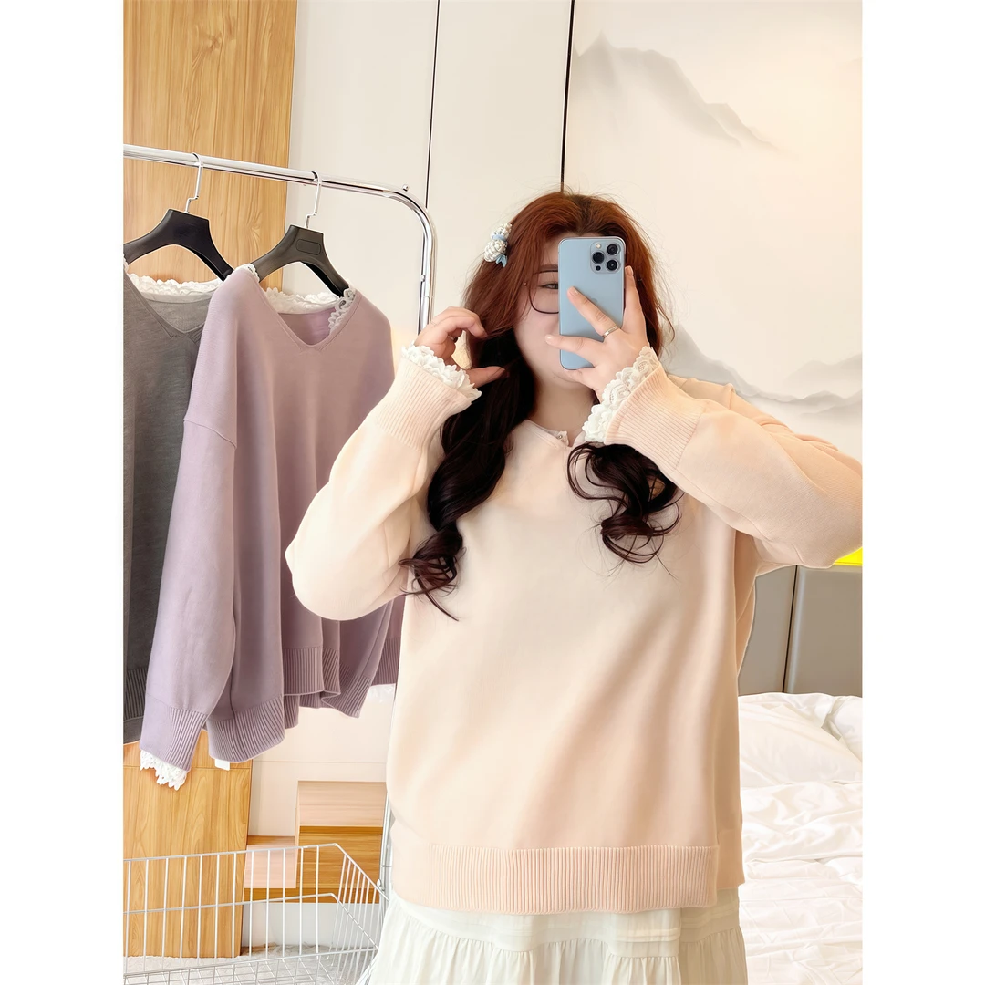 断码捡漏~白露落霜 / 韩系拼接蕾丝花边毛衣12508花契200斤胖mm