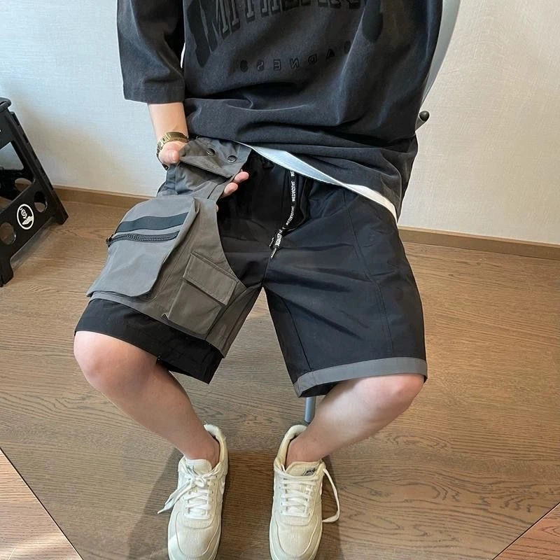 黑灰拼接工装速干短裤男宽松口袋夏季潮牌青年必备五分裤锦纶