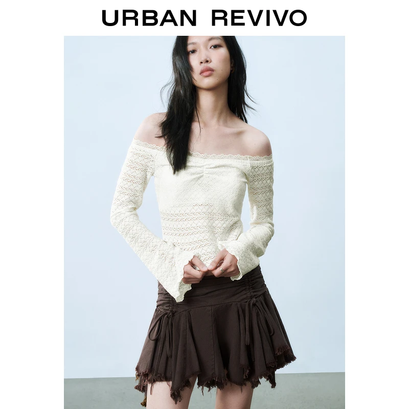 UR2025春季新品女装欧若风法式一字领肌理感蕾丝T恤UYL450026
