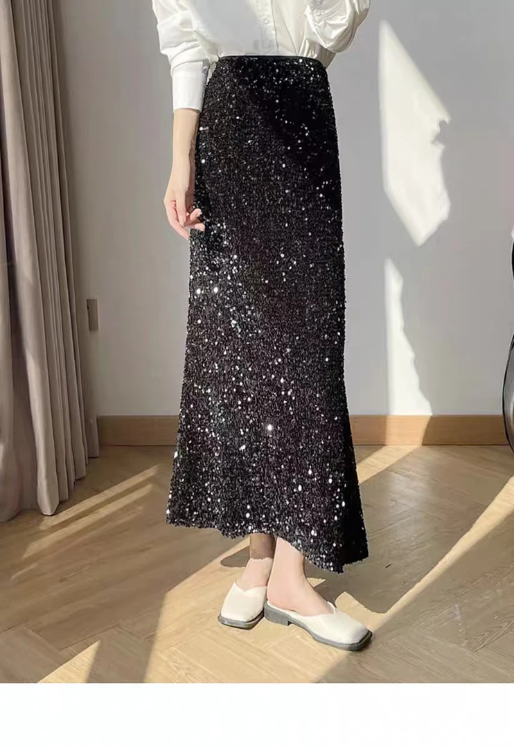气质亮片丝绒鱼尾半身裙高腰修身显瘦包臀长裙