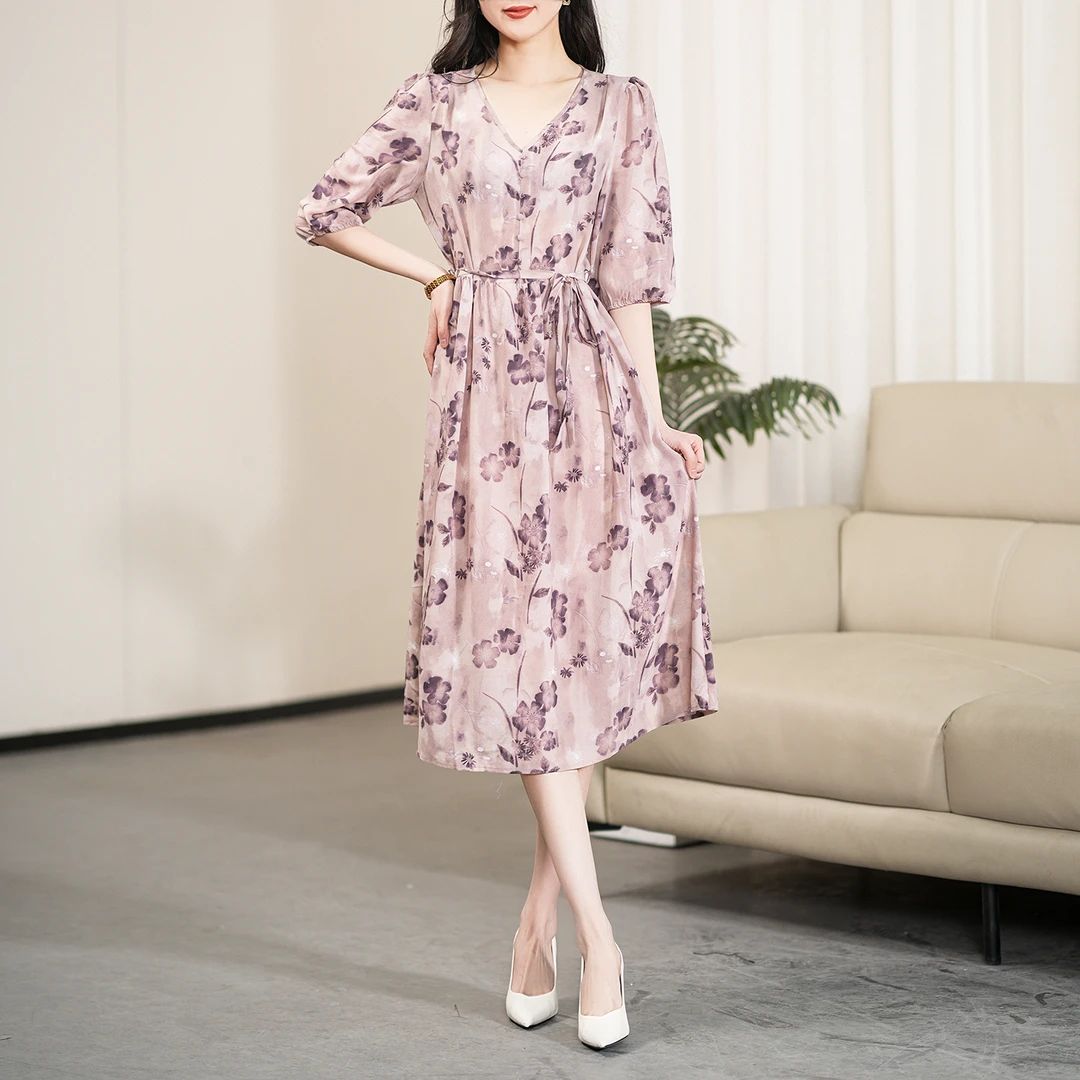 【夏季新款】时尚V领印花收腰中袖气质宽松显瘦连衣裙CS5877裙长109