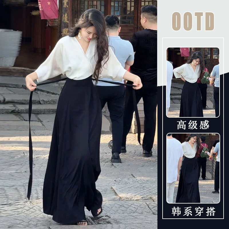 新中式设计感收腰假两件连衣裙女2025夏季新款禅意精致黑色长裙潮