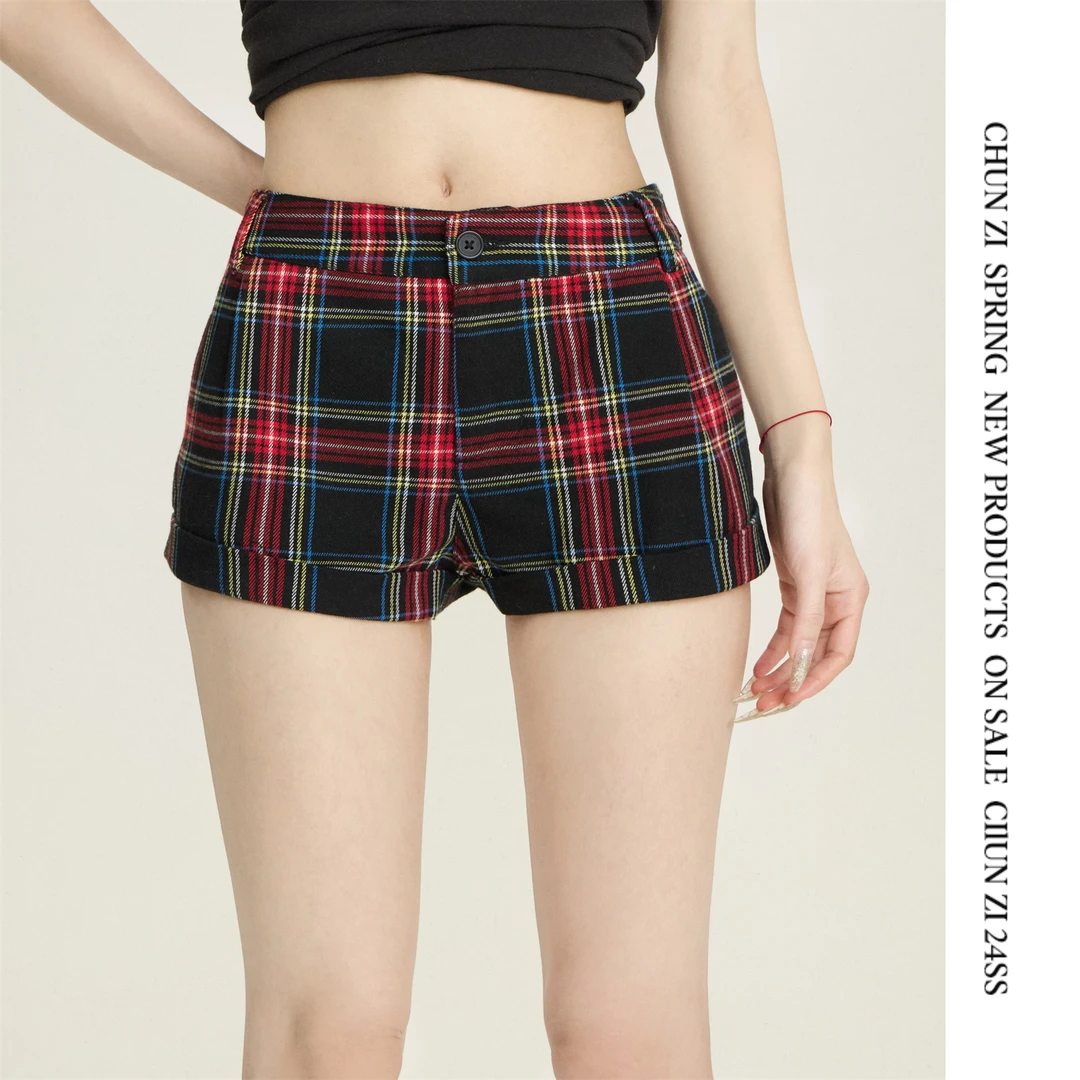 【CHUN ZI】春夏撞色黑红格子辣妹低腰修身短裤休闲裤百搭热裤
