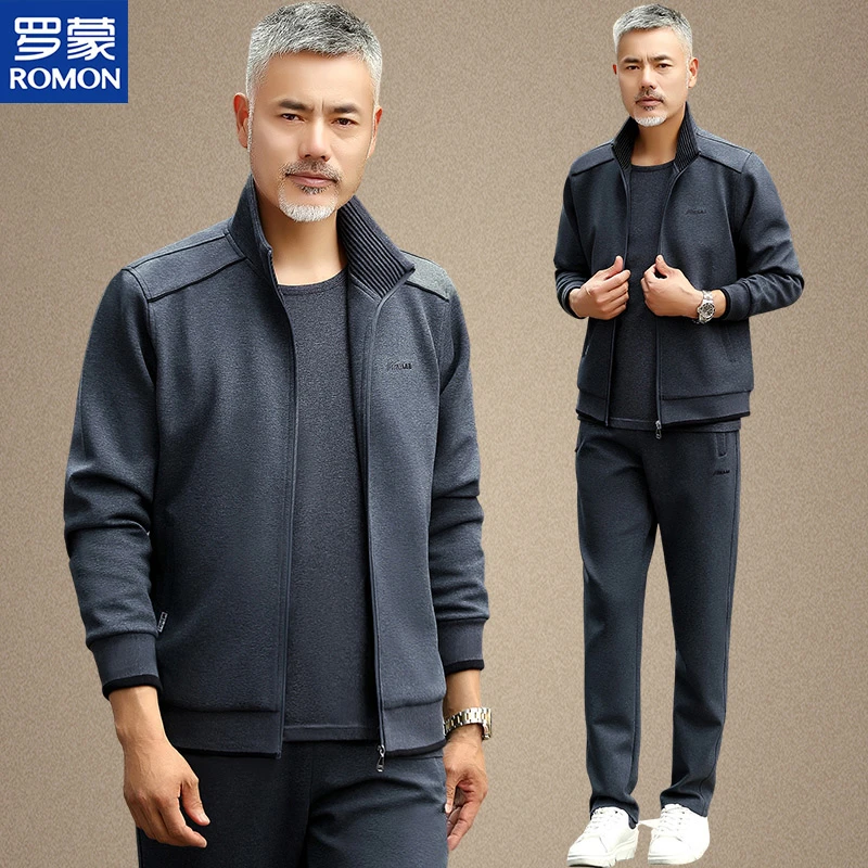 罗蒙洋气中老年运动服套装男士春秋正品中年爸爸秋装休闲三件套