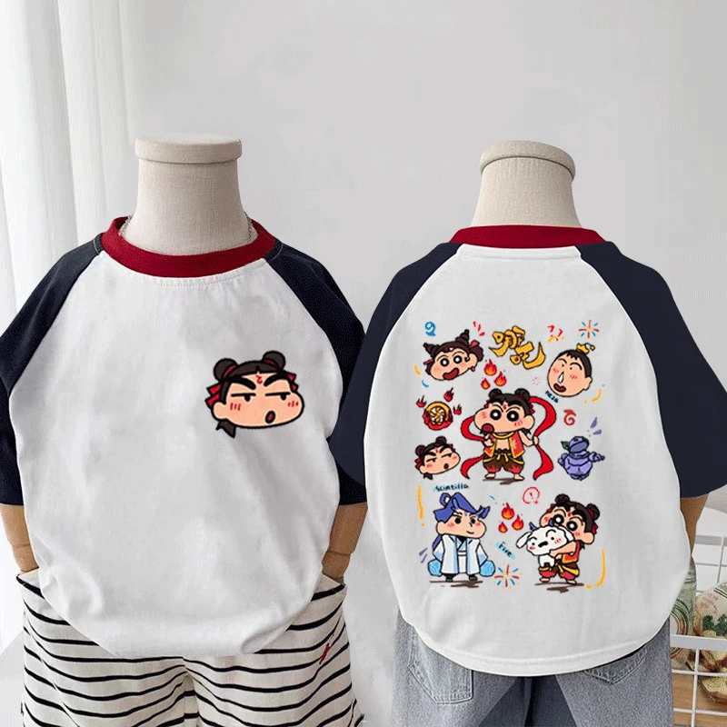 100%纯棉夏季新款卡通男女中小儿童宝宝哪吒潮款插色短袖t恤洋气t