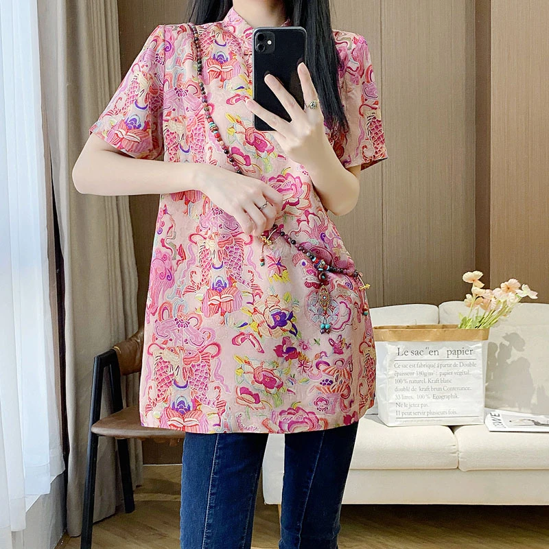 新中式国风盘扣唐装上衣女夏季新款复古人丝提花日常改良旗袍衬衫