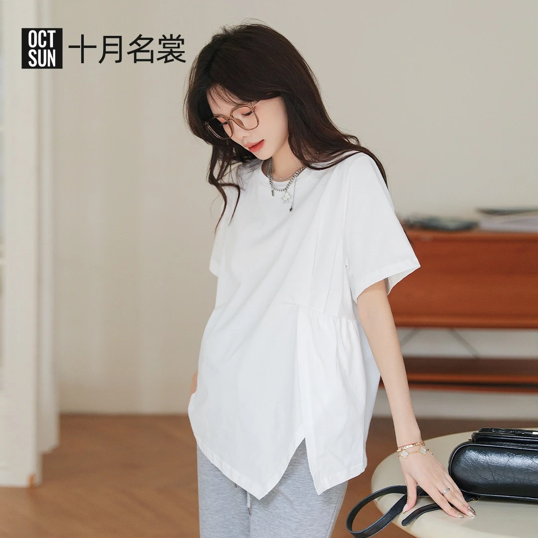 十月名裳孕妇上衣夏季薄款100%棉T恤短袖夏天宽松遮肚潮流孕妈装