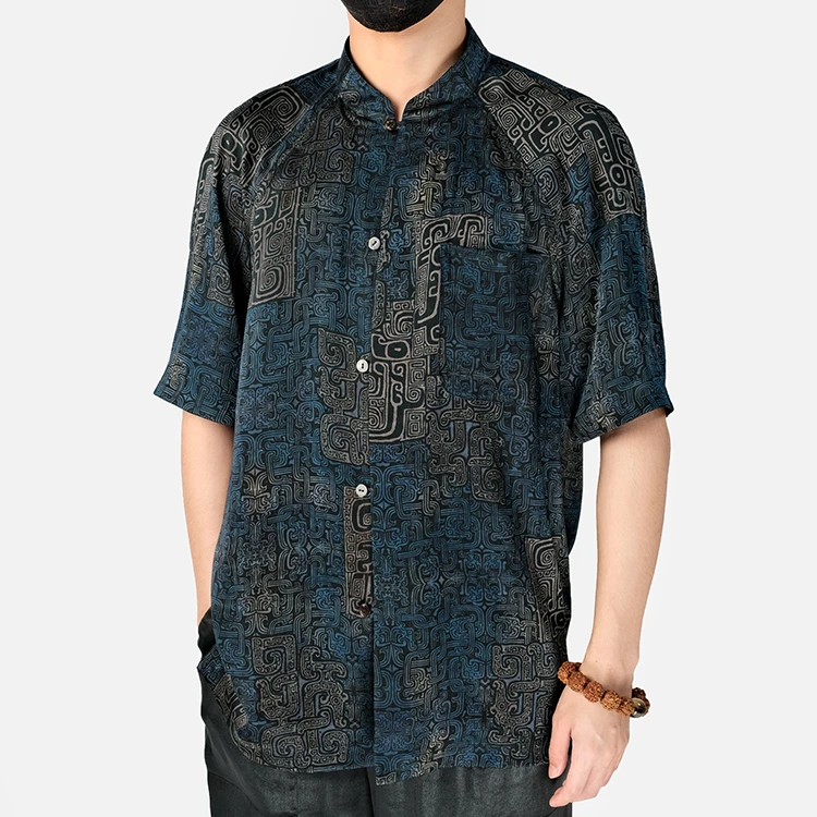 88585 男士连身立领开衫双面穿桑蚕丝素平缎香云纱复古短袖