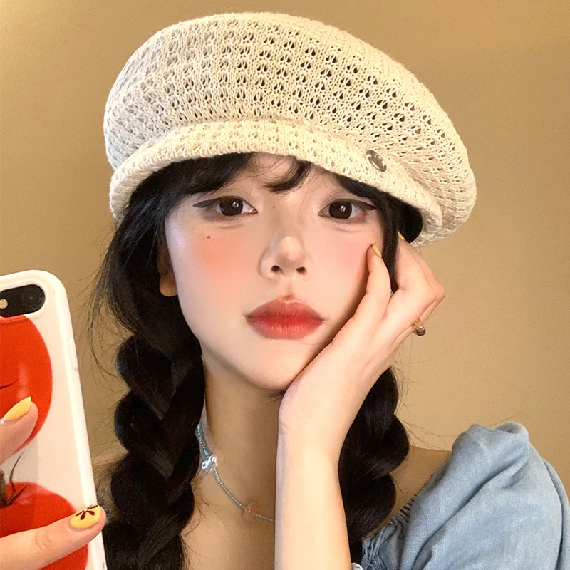 镂空针织贝雷帽女夏季薄款透气显脸小蓓蕾帽子韩版百搭大头围帽子