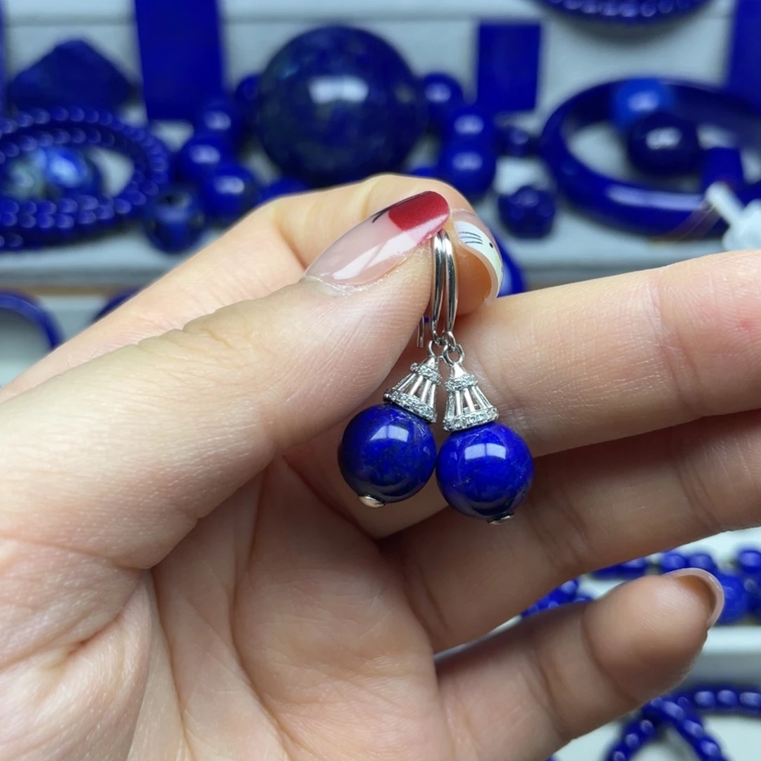 青金石银S925镶嵌耳勾