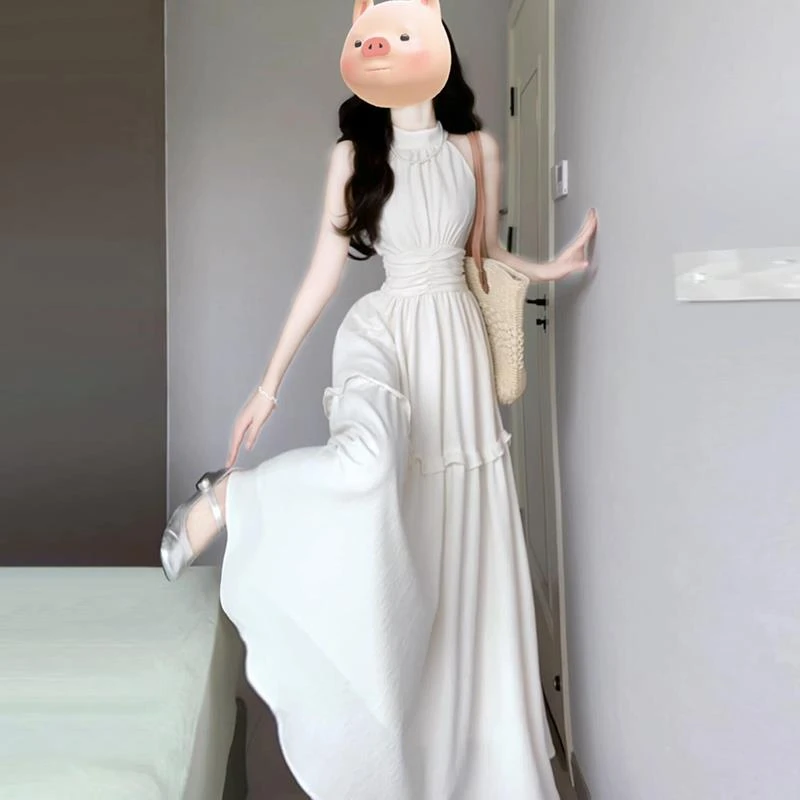 高级感法式白色无袖挂脖连衣裙子女夏季2025新款海边度假收腰长裙