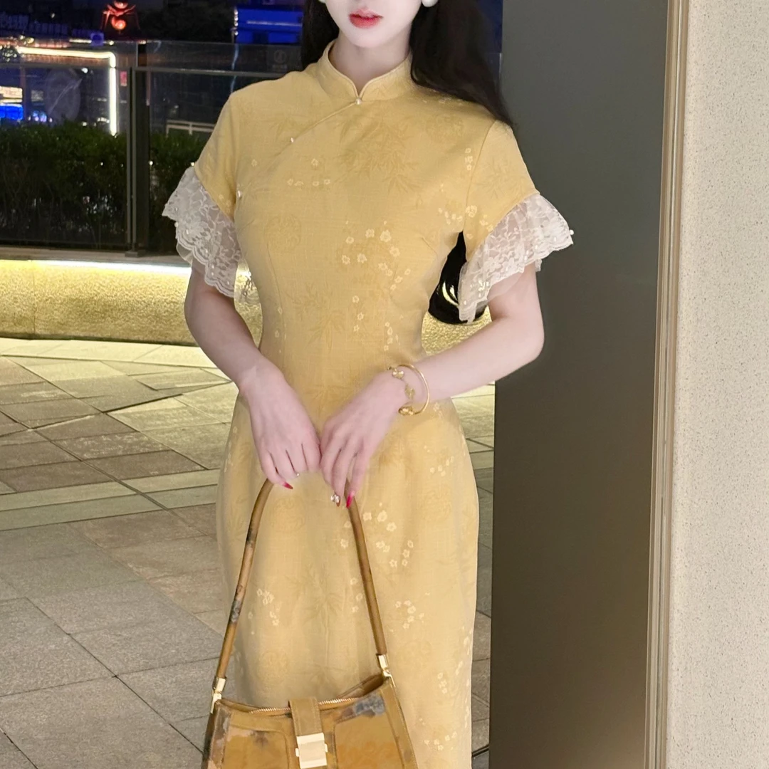 LHMknk1画报夫人原创自制夏季素雅显瘦日常鹅黄新中式旗袍 鹅黄素