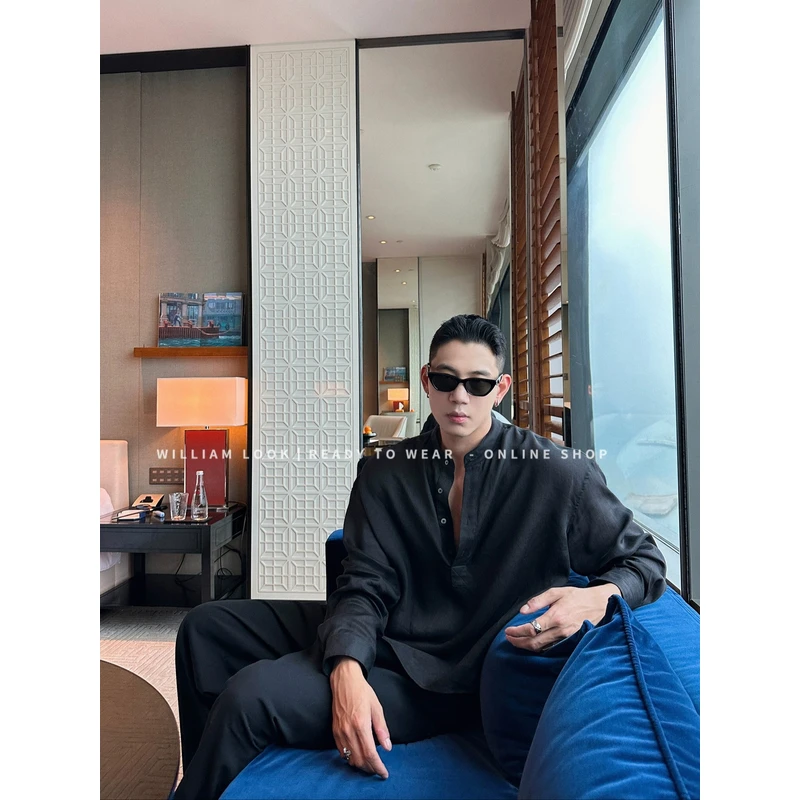 威廉威. 黑/灰 苎麻天丝混纺亨利领套头衬衣/静奢氛围感B517