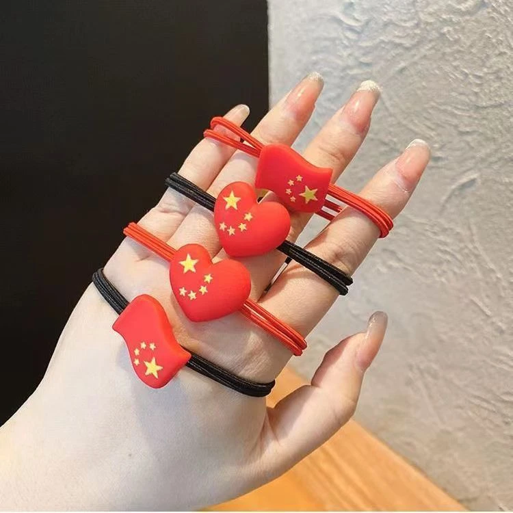 国潮五星红旗头绳女国庆发饰发夹红色发卡女童皮筋发夹国庆节发饰