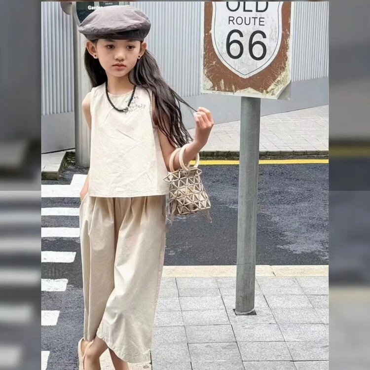 女童夏季套装2025新款洋气纯色时尚休闲两件套中大童6-12岁夏款潮