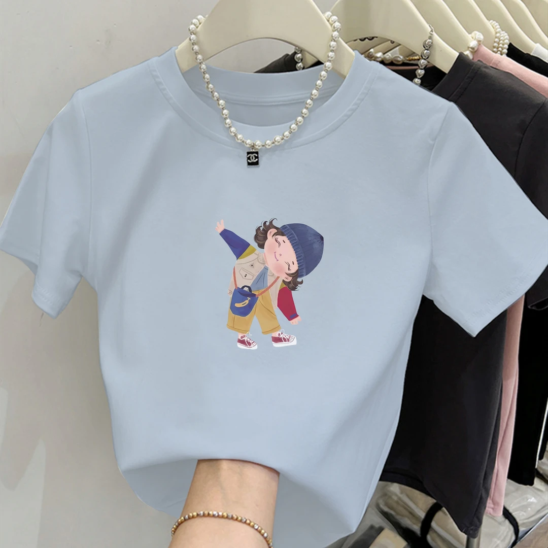 2025新款圆领牛仔帽女孩印花纯棉短袖小个子女修身显瘦百搭上衣