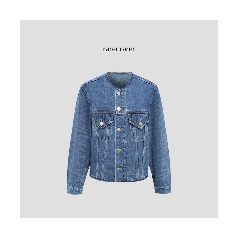 【rarer rarer】无领牛仔衣蓝色短款时尚休闲百搭春季水洗 2303055