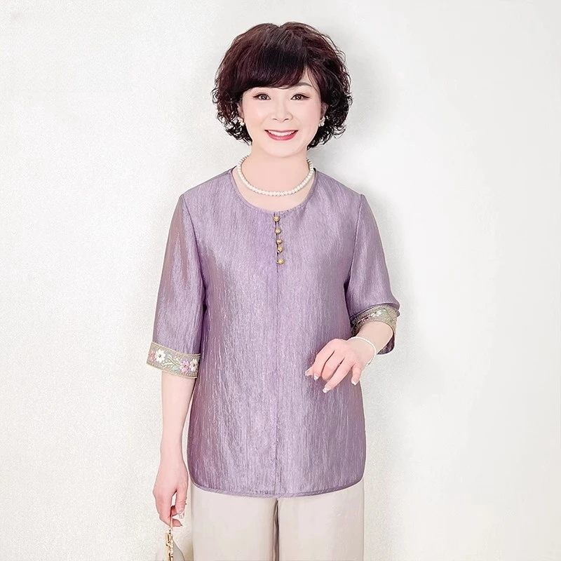 中年妈妈夏季新款洋气中老年时尚大码新中式绣花上衣两件套装薄款