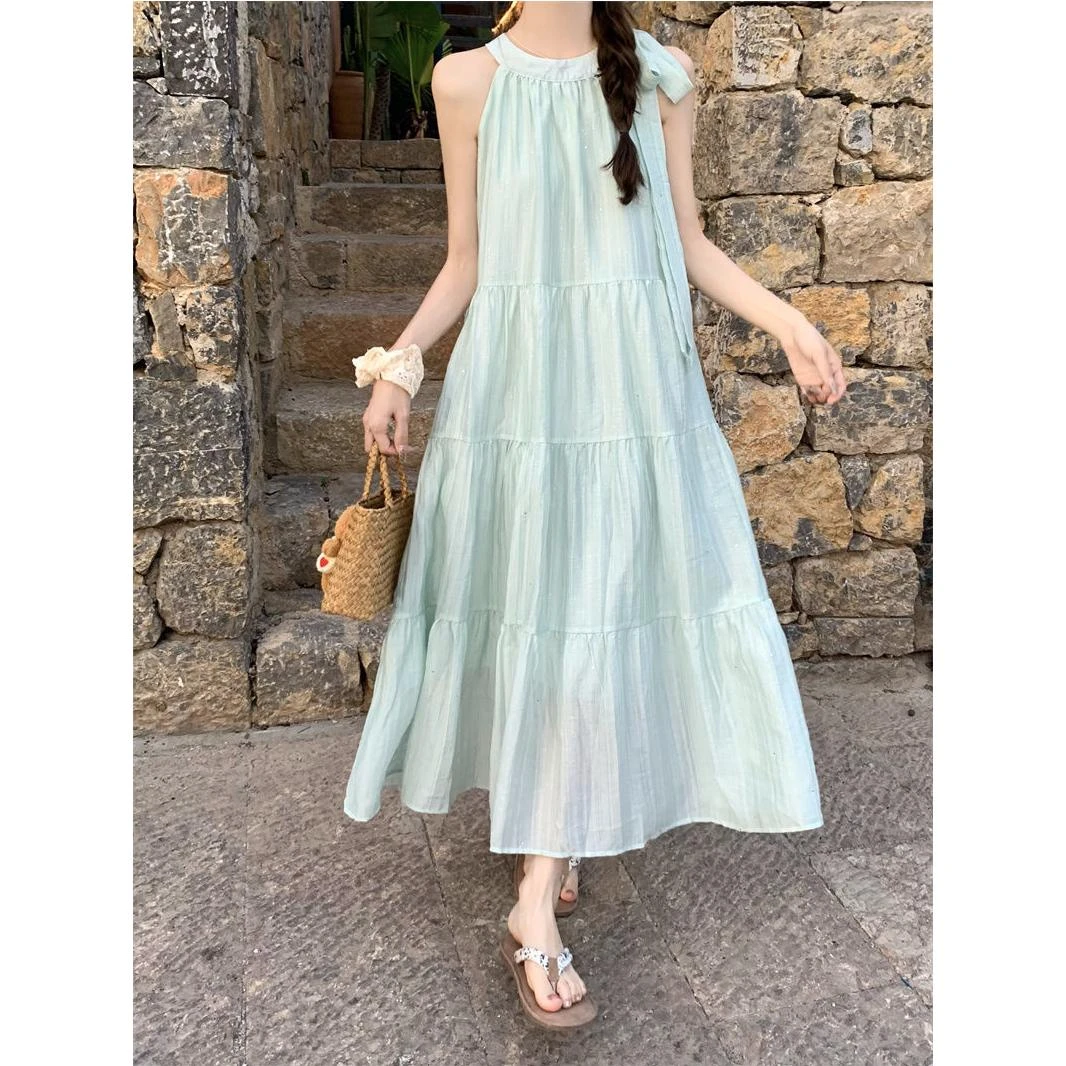 吊带裙蓝色长裙夏季新款海边度假裙子女薄荷曼波挂脖结连衣裙