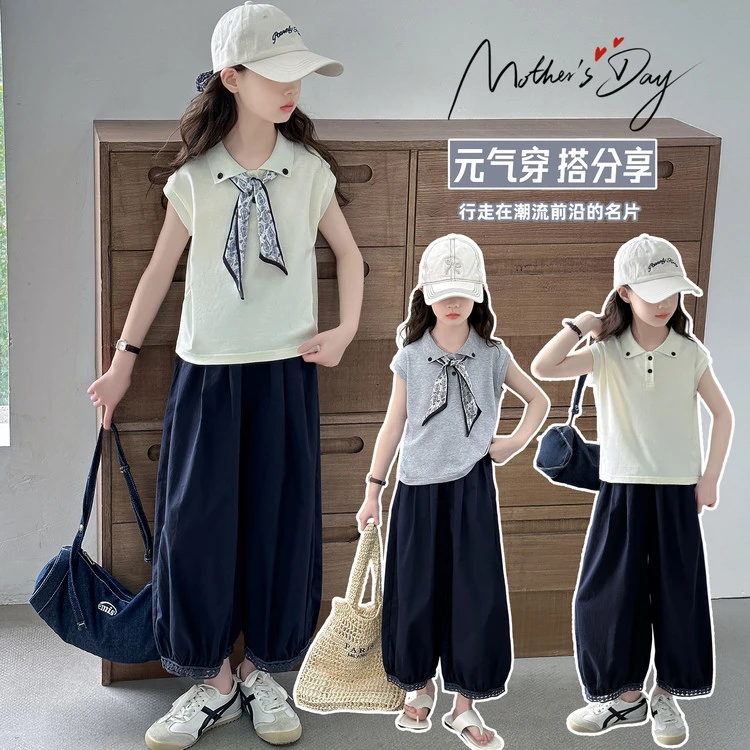 女童夏季套装2025新款大童女孩洋气无袖POLO衫时髦夏装儿童短裤薄