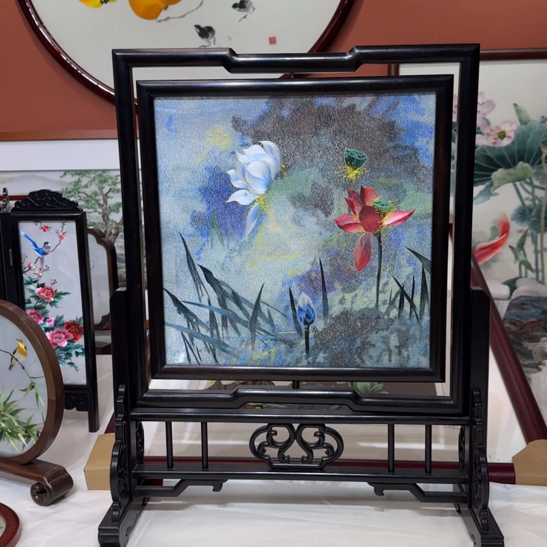 刺绣纯手工苏绣荷花双面