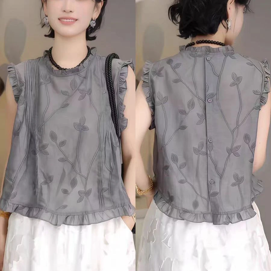韩系复古刺绣木耳边圆领无袖衬衫女2025夏季款后排扣设计百搭上衣