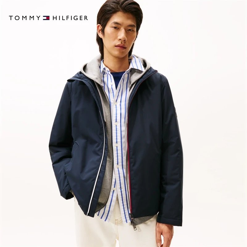 Tommy25新款秋冬男装商务休闲通勤撞色门襟连帽棉服夹克外套41082