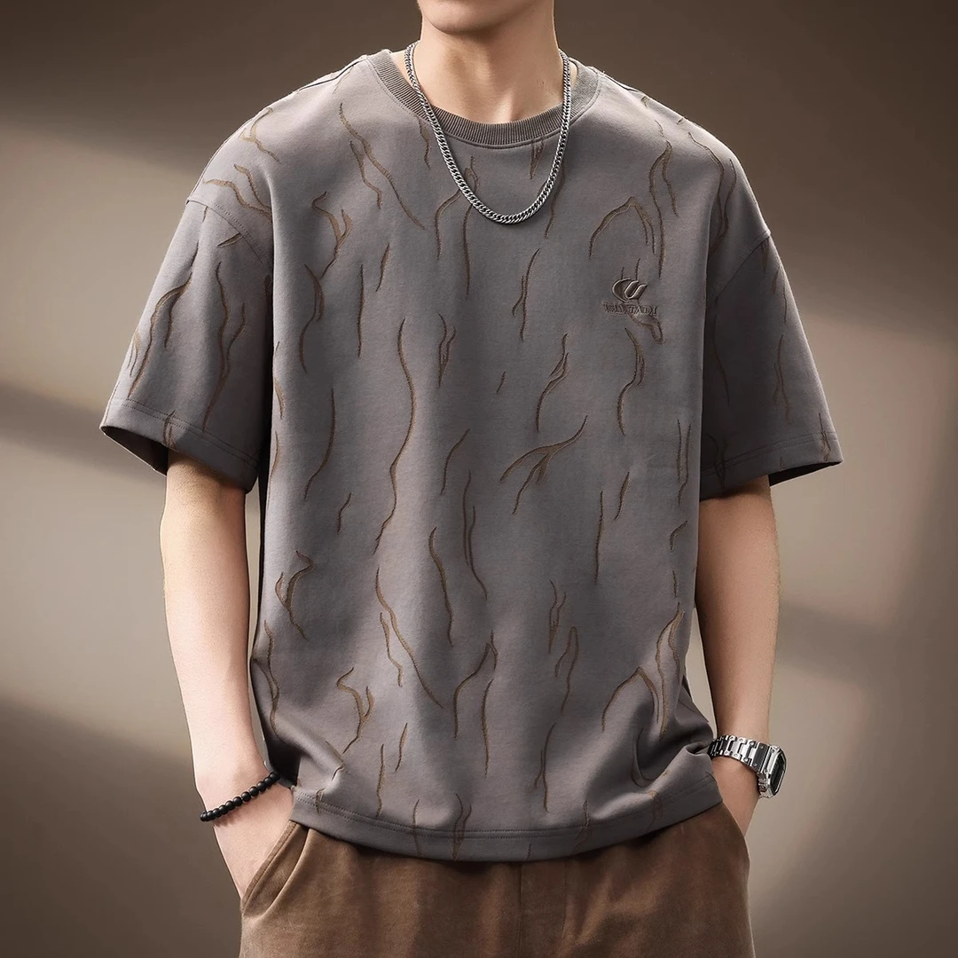 Cebrodz2025新款裂痕条纹宽松男短袖大码夏季美式潮牌百搭男上衣