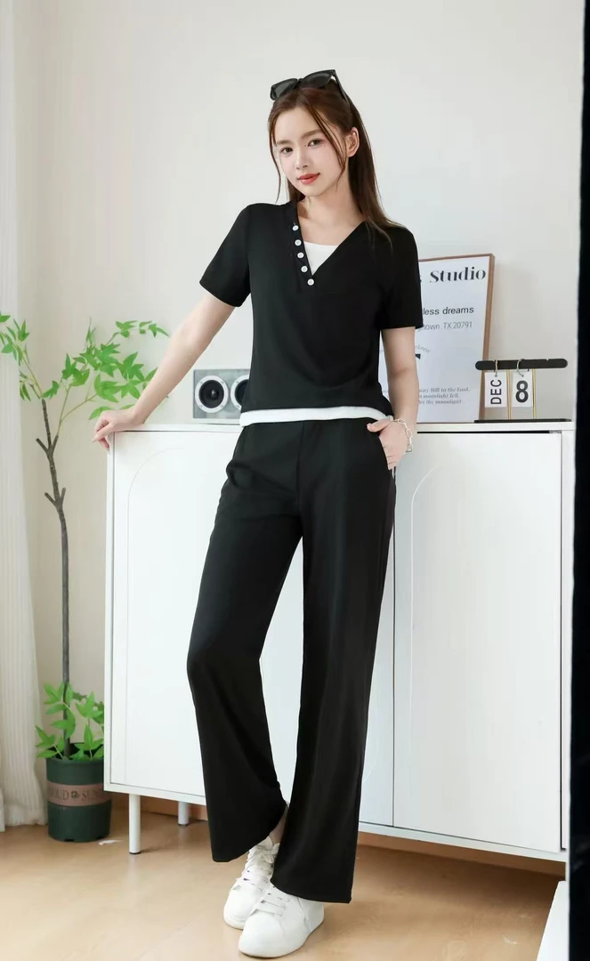 （上衣 + 裤子）夏季新款假两件短袖上衣休闲运动阔腿裤两件套