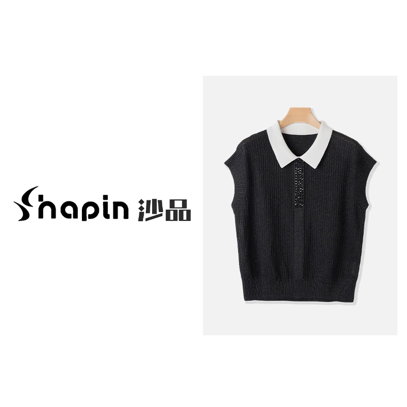 气质款慵懒翻领亮片针织马甲冰丝显瘦洋气小衫女JY223