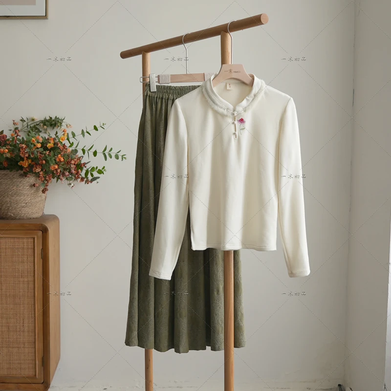 5355《婉姻》原创新中式加绒刺绣上衣秋季立领毛领长袖打底衫