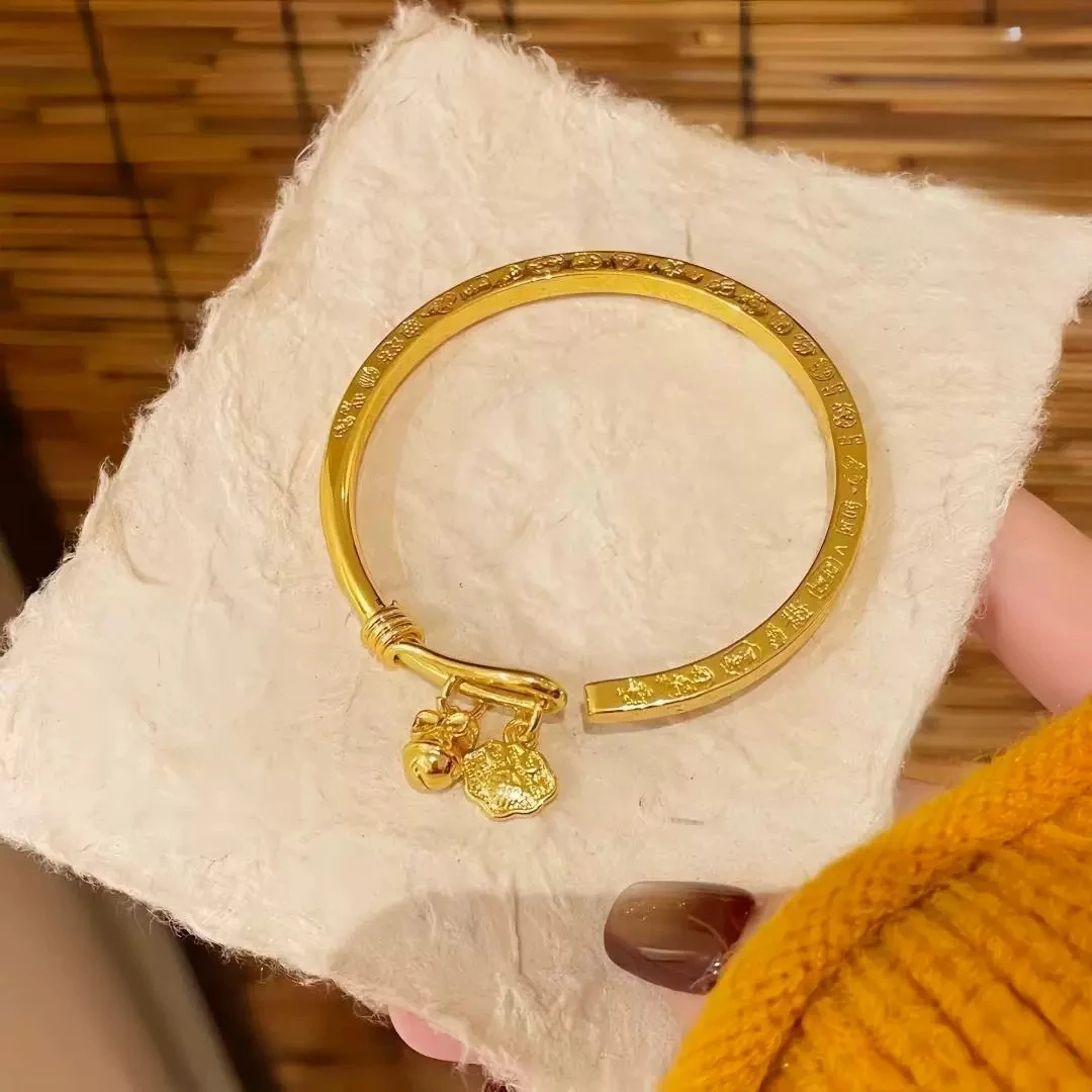 铜合金手镯 新中式吉言铃铛福字手镯复古实心如意开口手镯新款