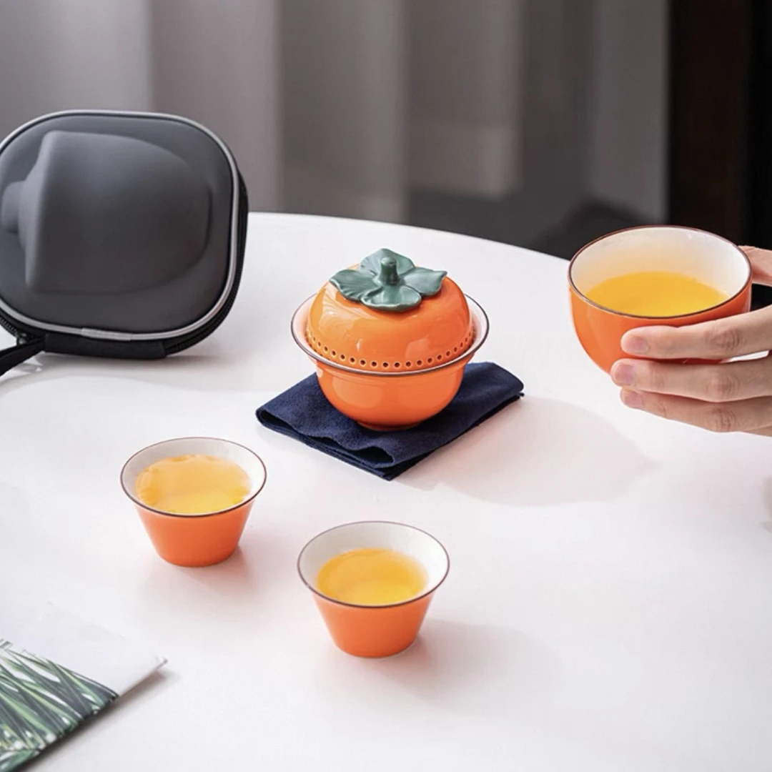 F980事事如意茶具套装户外便携式快客杯一壶三杯柿子陶瓷泡茶壶