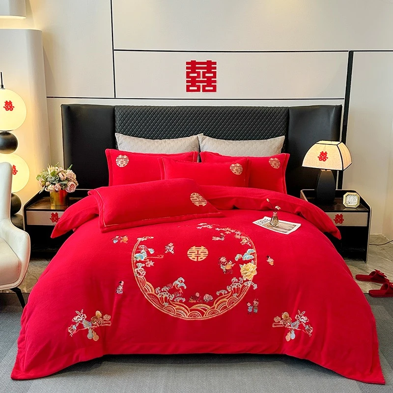 断色清！结婚婚庆大红色龙凤刺绣款全消光高克重牛奶绒四件套smn