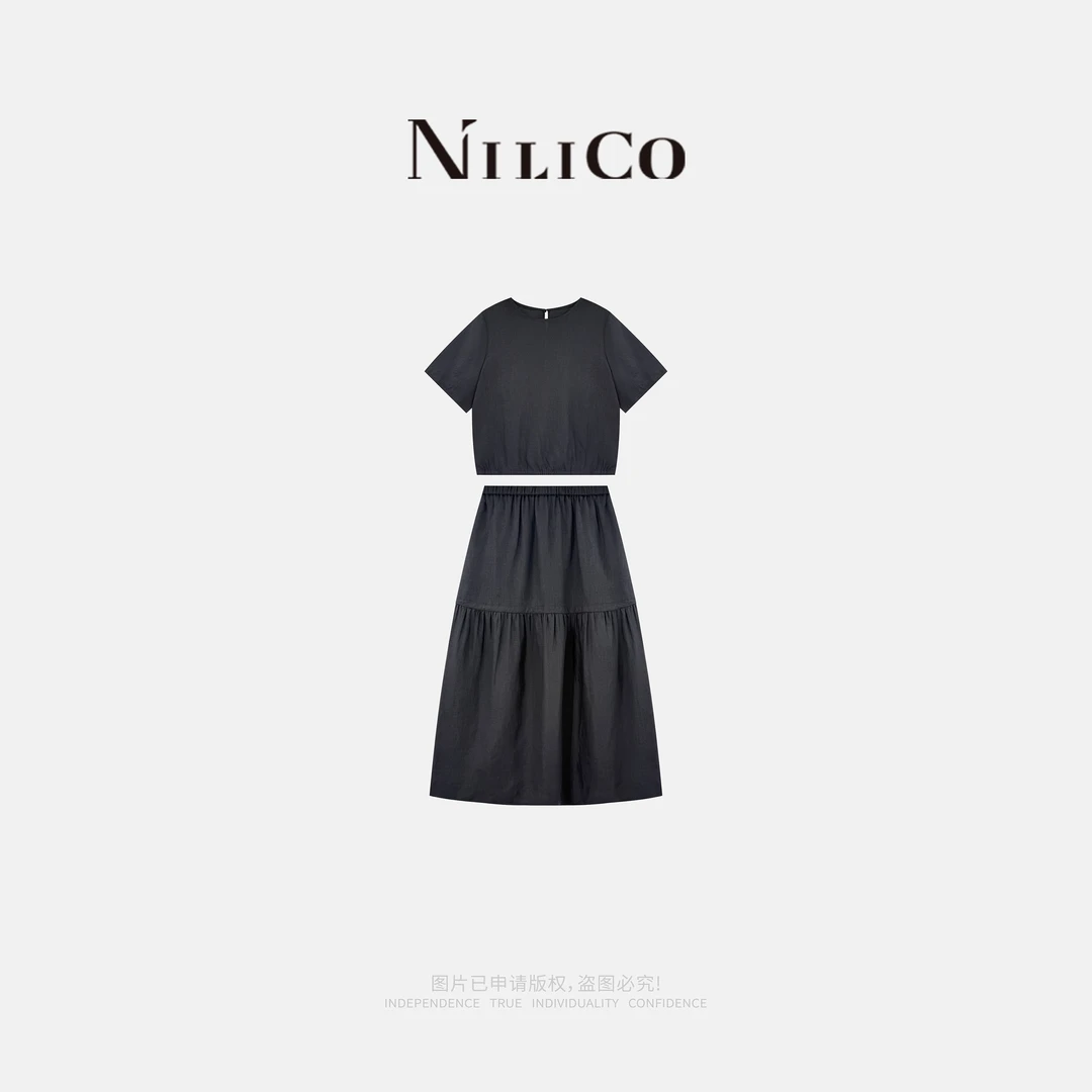 NILICO【法奢晚宴】100%亚麻设计感短款小衫＋松紧腰收褶半身裙套装