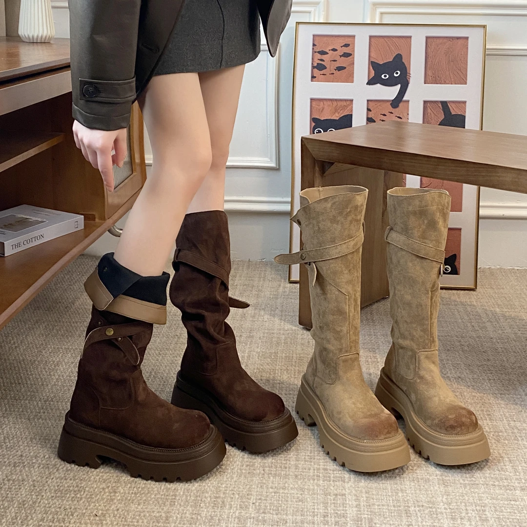 贾不假古早穿搭绒面长靴女款2025秋冬新款厚底百搭靴子小个子增高