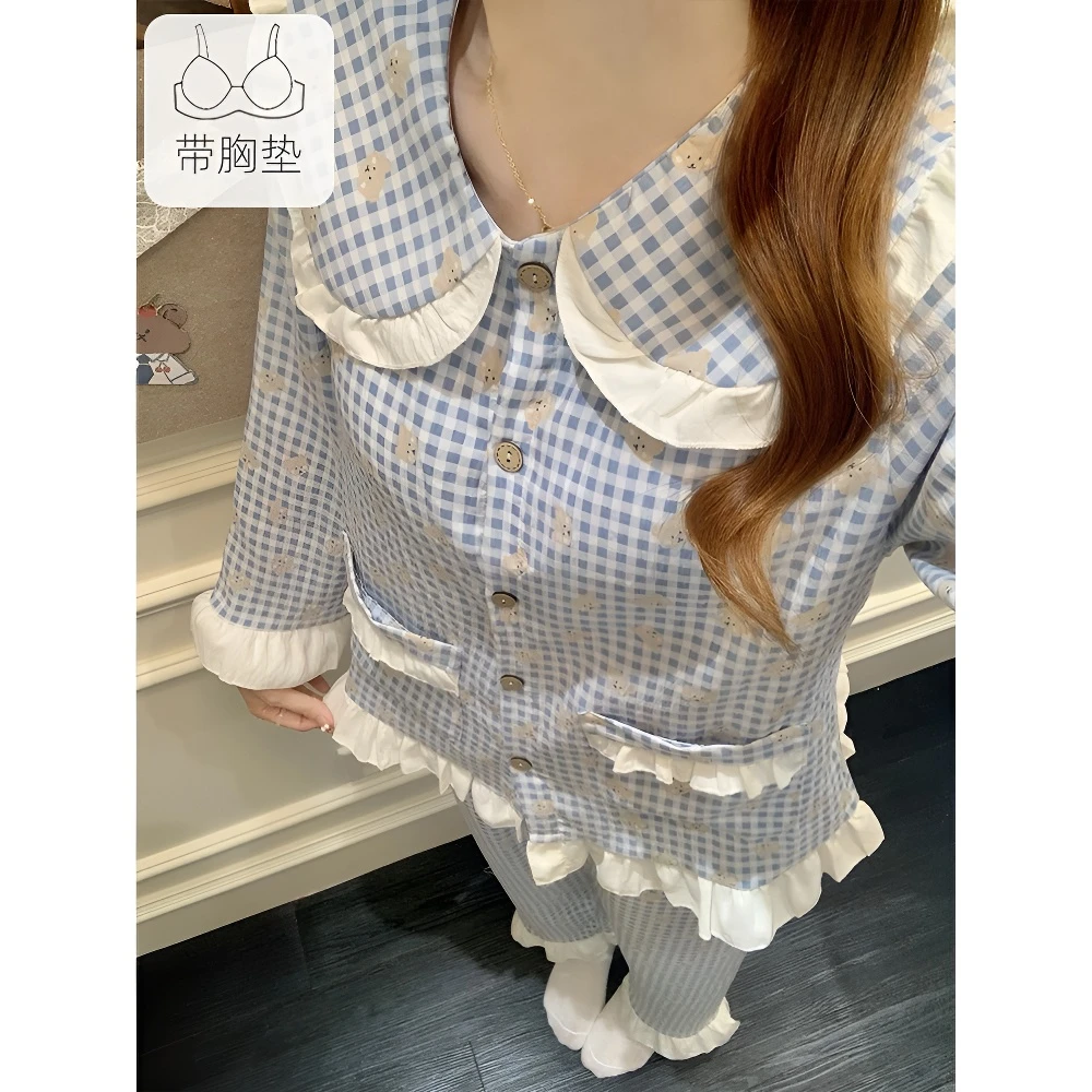 卡通小熊睡衣女款春秋季带胸垫长袖家居服冬天甜美娃娃领格子套装