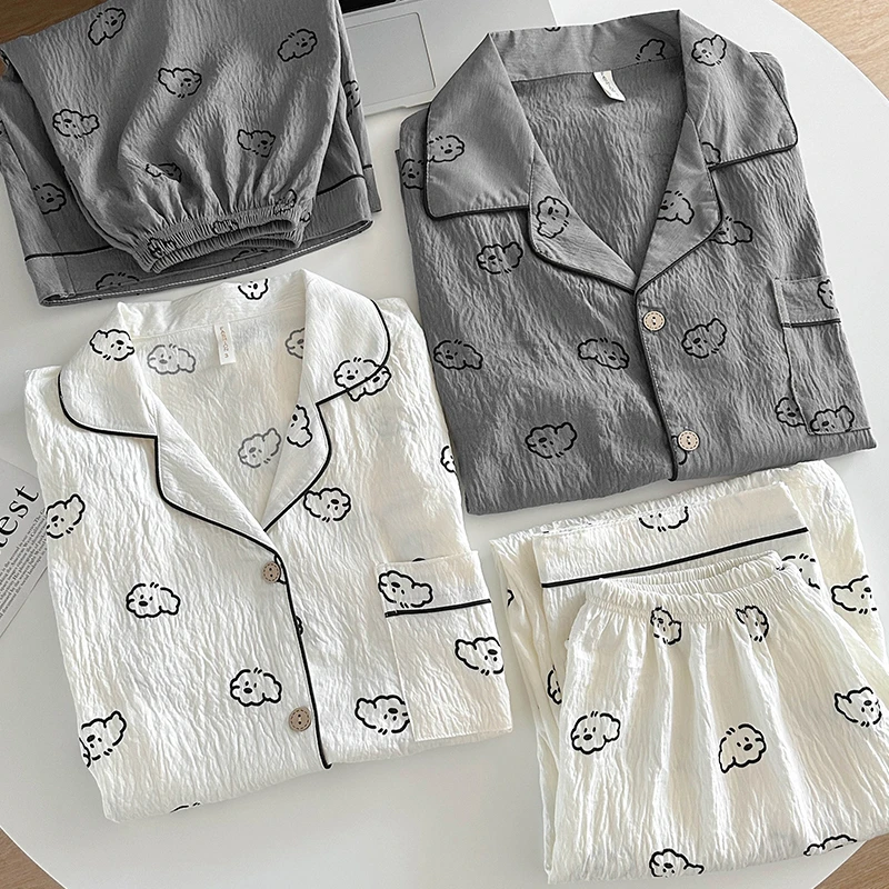 韩版卡通小狗情侣睡衣女夏季短袖短裤三件套男士大码200斤家居服