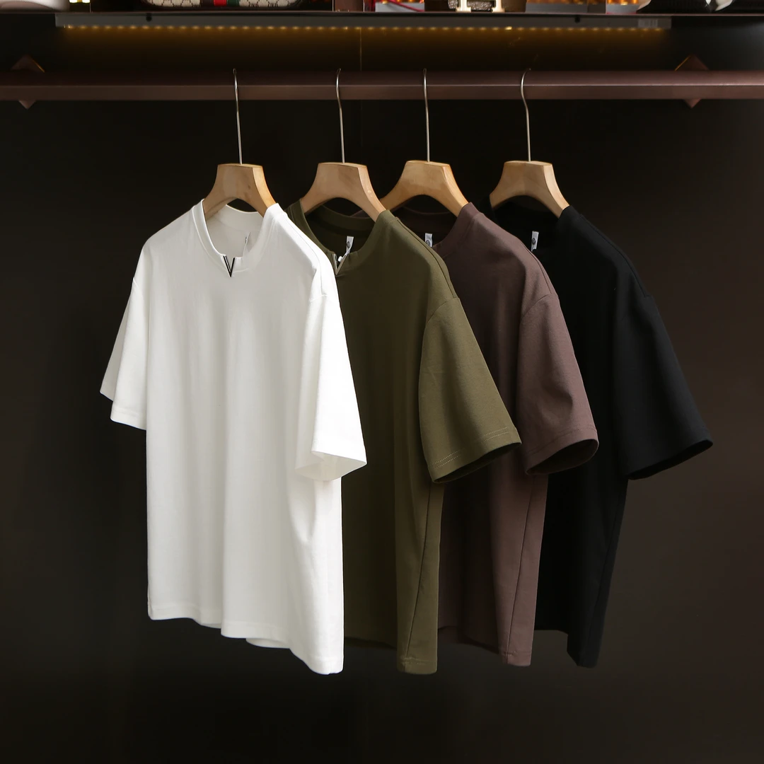 设计师款！棉质！男女同款小V领棉质短袖2025夏季新款重磅纯色短袖