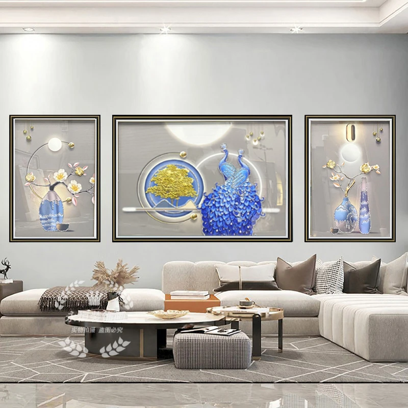 [喜宅家艺]Q34富贵孔雀三联沙发装饰画餐厅客厅楼梯尽头挂画壁画