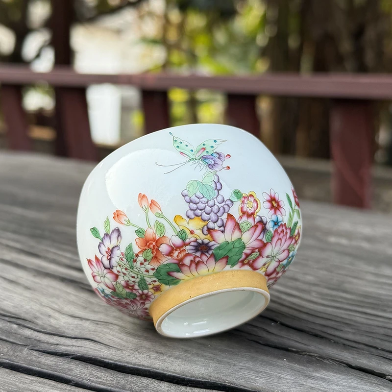 景德镇珐琅彩万花蝶舞茶杯高档主人杯手绘品茗泡茶杯75ml