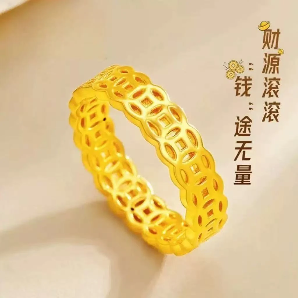 不锈钢戒指 新款不锈钢铜钱戒指18K镀金不掉色钱多多戒指旺财招财