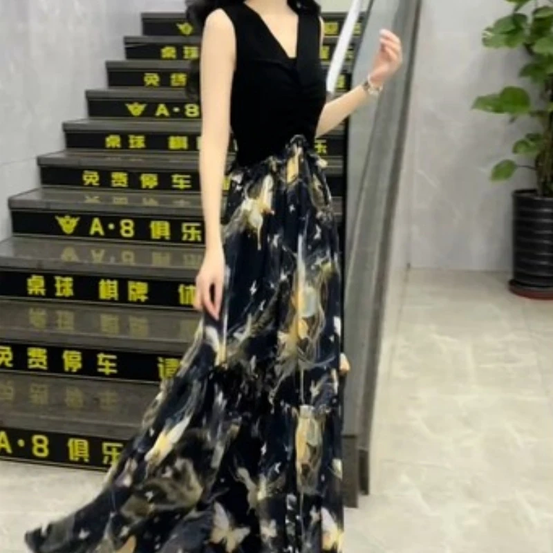 时尚气质显瘦高腰拼接印花无袖大摆长裙连衣裙FJ62033