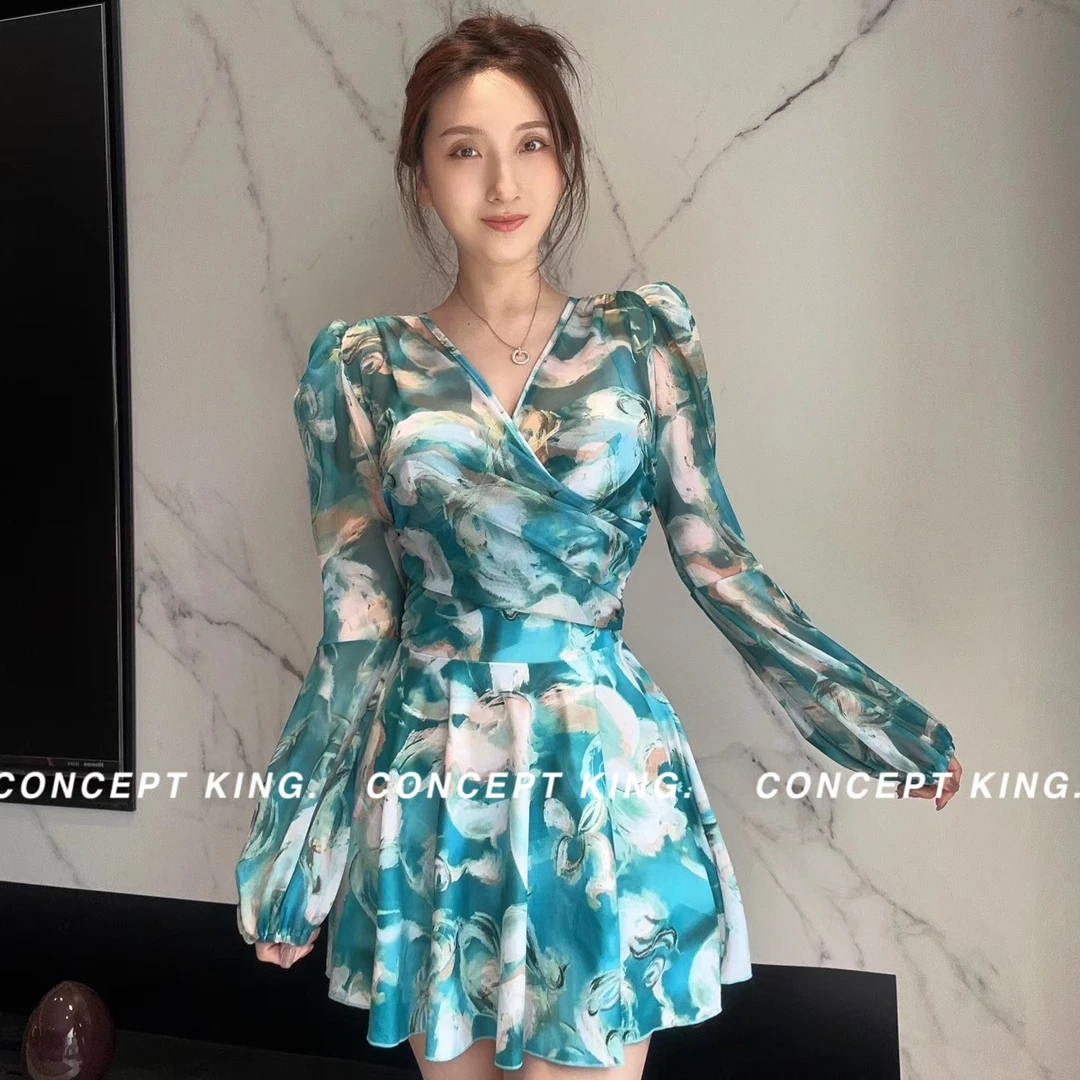印花显瘦温泉时尚大码长袖裙式遮肚性感气质设计师泳衣女NL2503