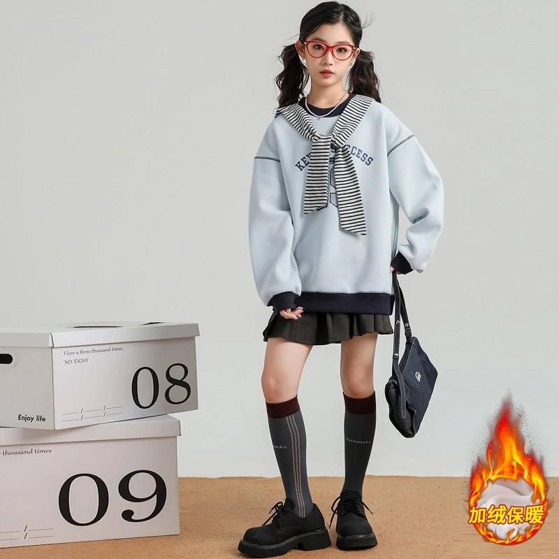 女童秋冬卫衣2025新款儿童韩版宽松加绒加厚披肩打底衫大童套头衫