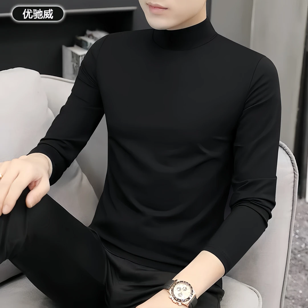 优驰威半高领打底衫长袖上衣男士秋冬韩版修身内搭双面德绒体恤衫